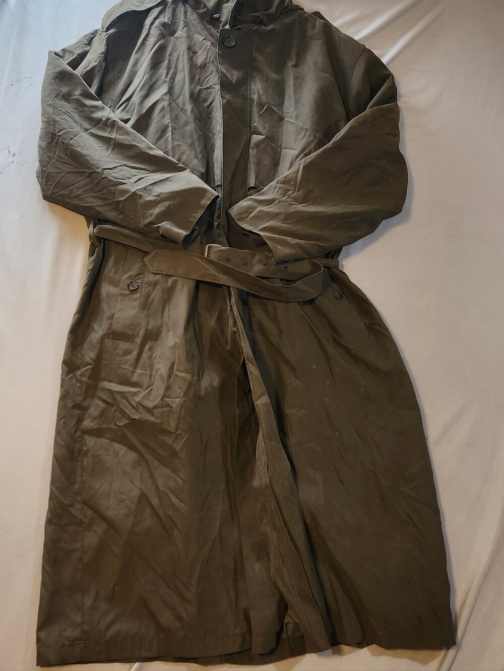 London Fog Trench Coat Mens 44L Olive Green Long Raincoat Belted Y2K